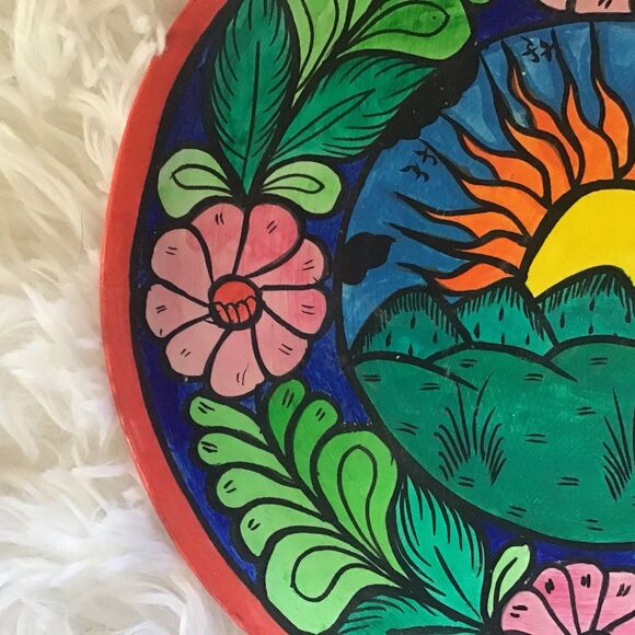 Tonala Mexican Folk Art Potter Collector Plate Hand Painted 7 Inch Colorful Sun - Picture 5 of 6